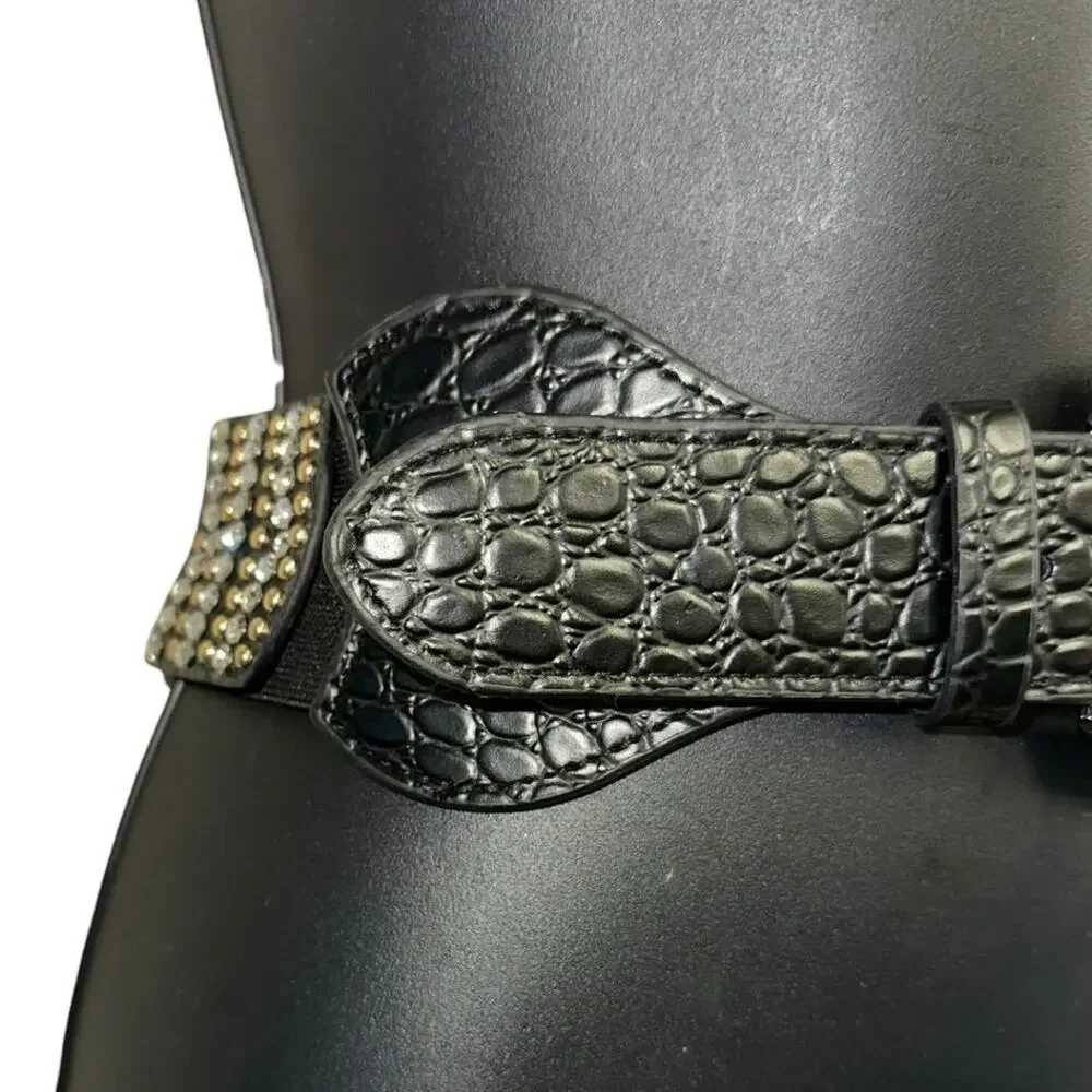 Black Croc Embossed Stretch Belt Rhinestone Buckle Statement Waist Belt OS